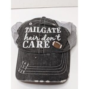 Tailgate Hair Don't Care Football Trucker Hat Distressed Denim Mesh Cap Grey B